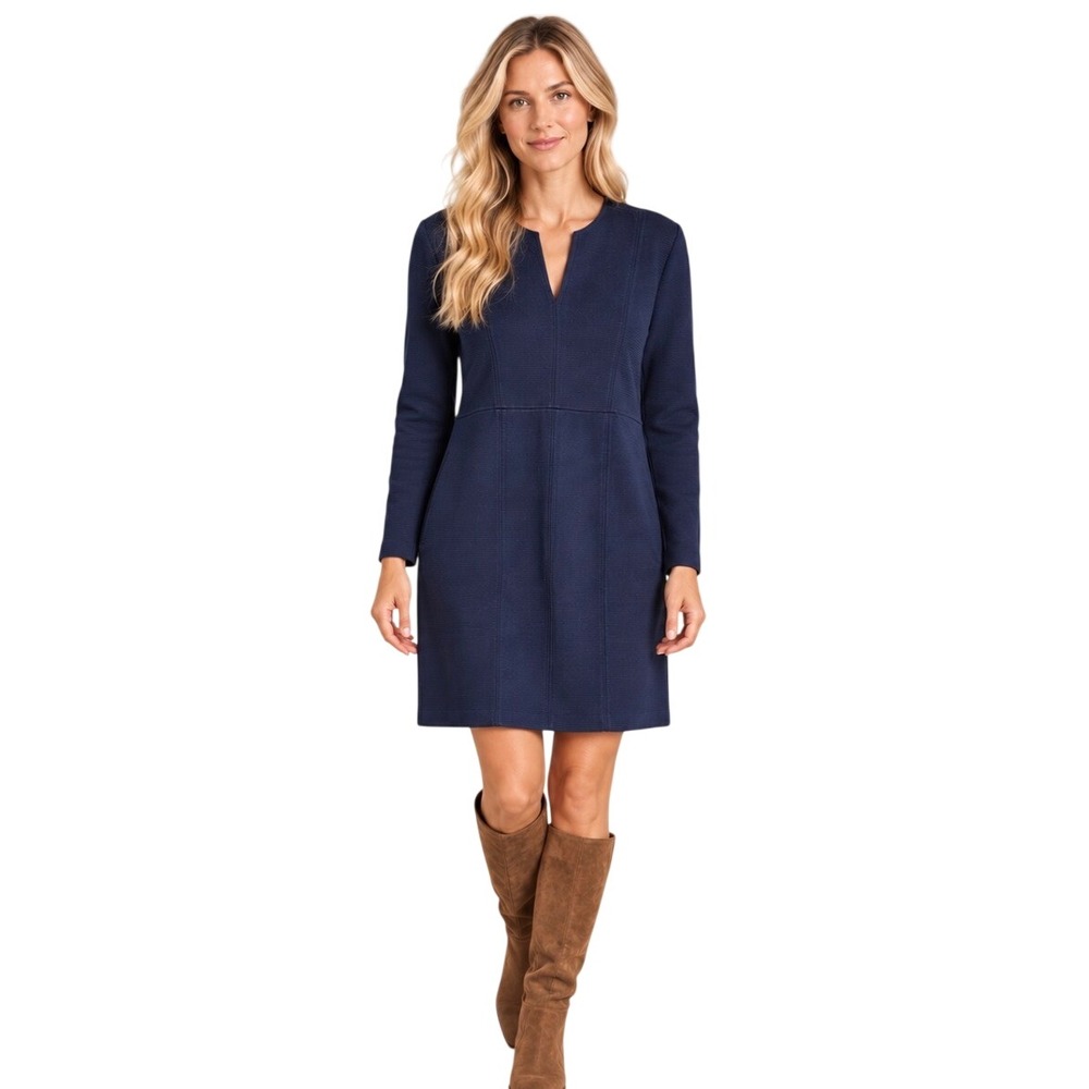 NWT Boden Navy Blue Ottoman Ribbed V-Neck Shift Dress US 10R UK 14R Long Sleeve